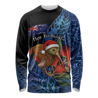 Personalised New Zealand Christmas Long Sleeve Shirt Santa Kiwi Bird With Pohutukawa Flowers DT05 Unisex Navy - Polynesian Pride