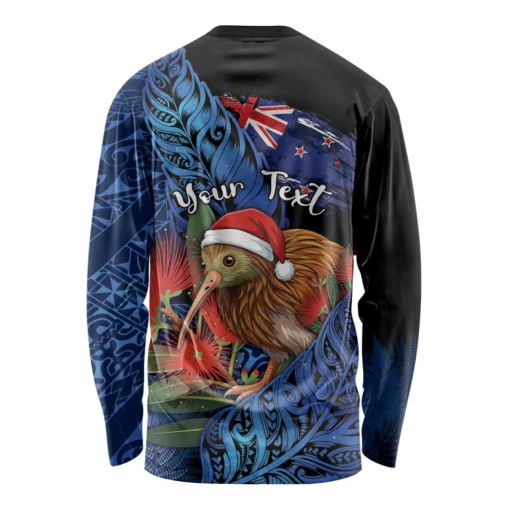 Personalised New Zealand Christmas Long Sleeve Shirt Santa Kiwi Bird With Pohutukawa Flowers DT05 - Polynesian Pride