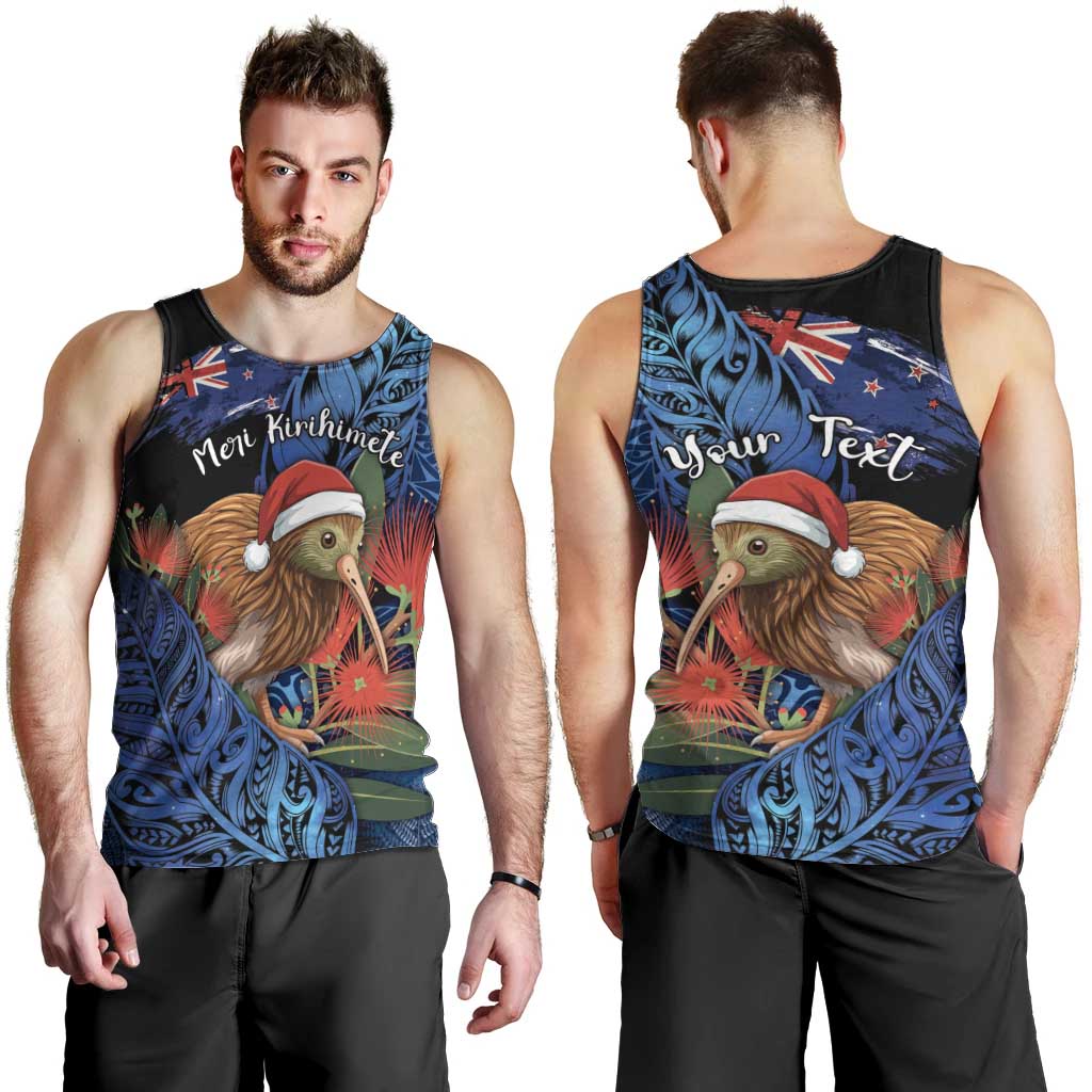 Personalised New Zealand Christmas Men Tank Top Santa Kiwi Bird With Pohutukawa Flowers DT05 - Polynesian Pride