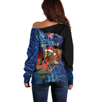Personalised New Zealand Christmas Off Shoulder Sweater Santa Kiwi Bird With Pohutukawa Flowers DT05 - Polynesian Pride