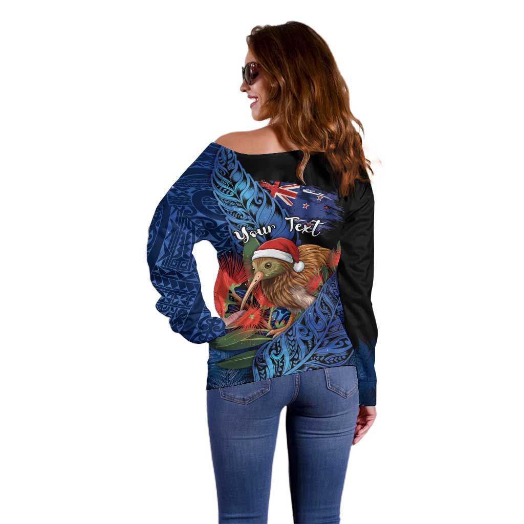 Personalised New Zealand Christmas Off Shoulder Sweater Santa Kiwi Bird With Pohutukawa Flowers DT05 - Polynesian Pride