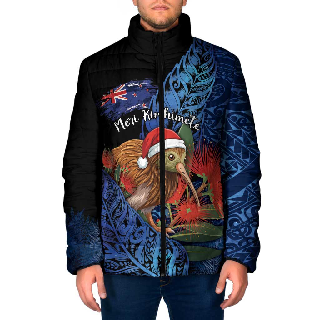 Personalised New Zealand Christmas Padded Jacket Santa Kiwi Bird With Pohutukawa Flowers DT05 Men Navy - Polynesian Pride