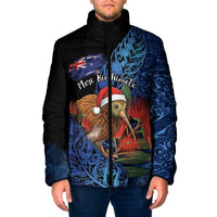 Personalised New Zealand Christmas Padded Jacket Santa Kiwi Bird With Pohutukawa Flowers DT05 Men Navy - Polynesian Pride