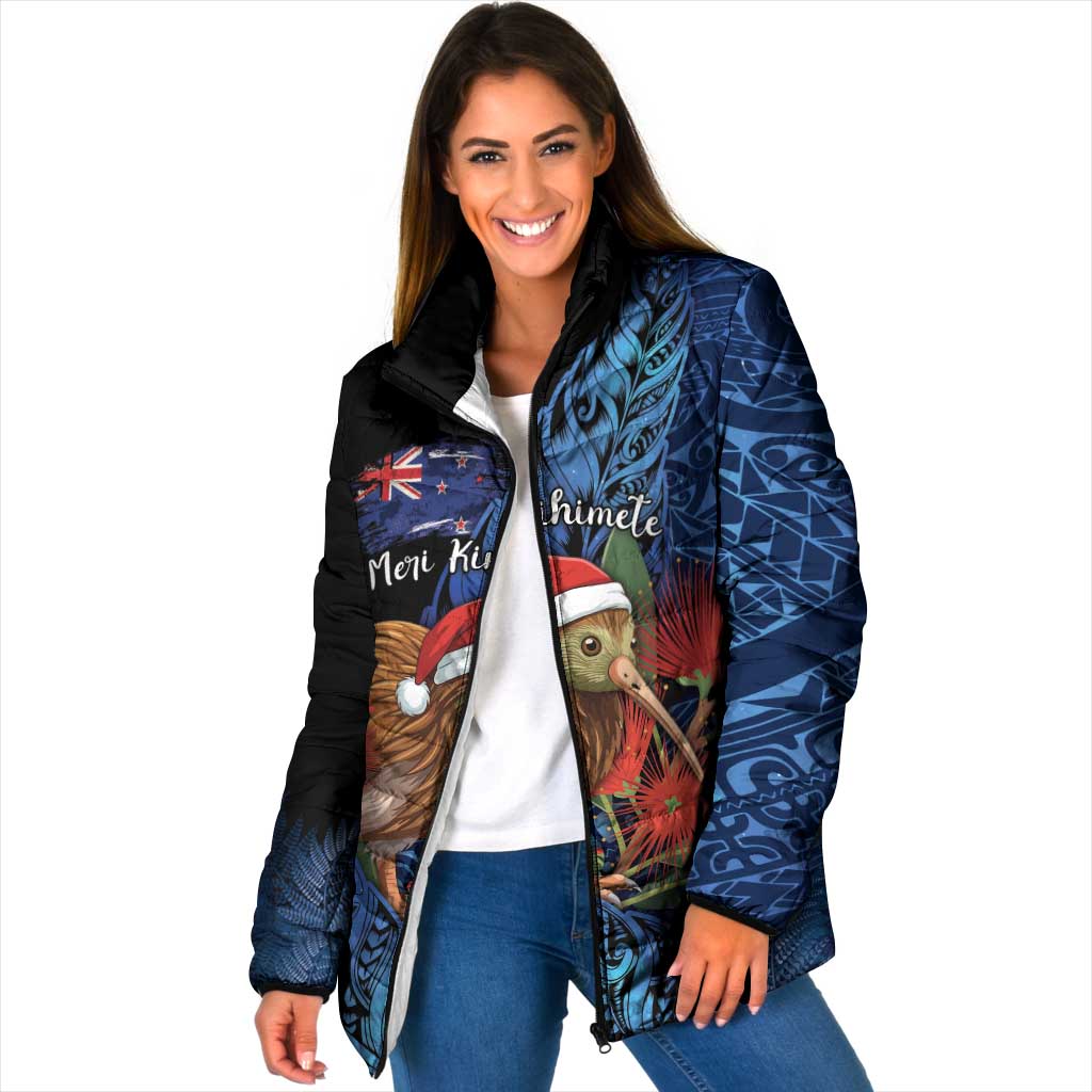 Personalised New Zealand Christmas Padded Jacket Santa Kiwi Bird With Pohutukawa Flowers DT05 Women Navy - Polynesian Pride