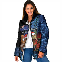 Personalised New Zealand Christmas Padded Jacket Santa Kiwi Bird With Pohutukawa Flowers DT05 Women Navy - Polynesian Pride