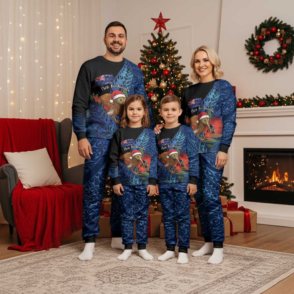 Personalised New Zealand Christmas Pajama Set Santa Kiwi Bird With Pohutukawa Flowers DT05 - Polynesian Pride