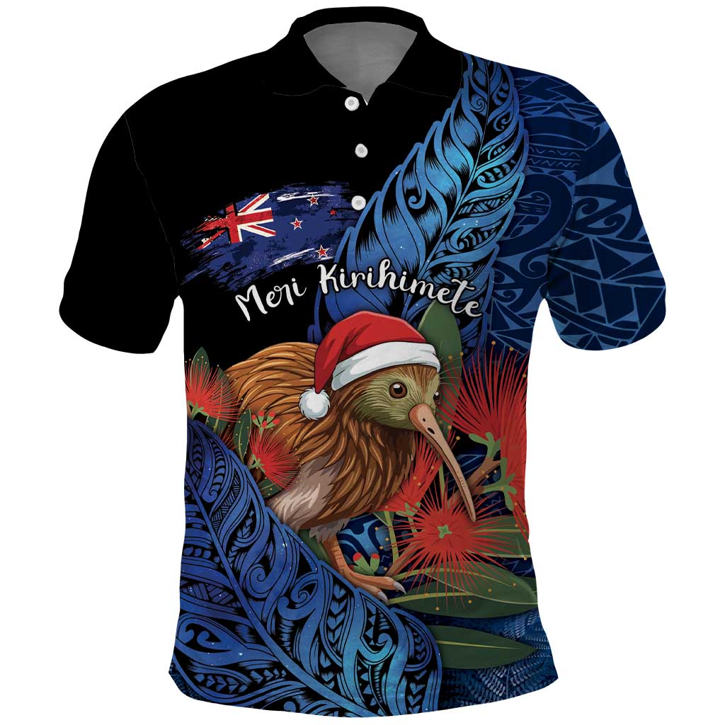 Personalised New Zealand Christmas Polo Shirt Santa Kiwi Bird With Pohutukawa Flowers DT05 Navy - Polynesian Pride