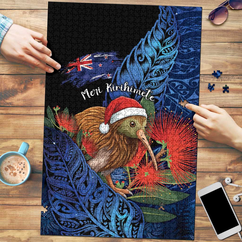 New Zealand Christmas Puzzle Santa Kiwi Bird With Pohutukawa Flowers DT05 Navy - Polynesian Pride