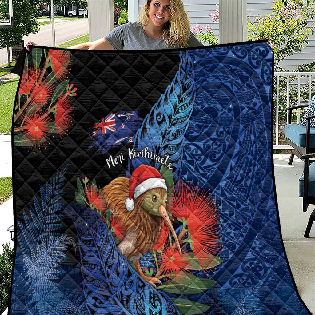 New Zealand Christmas Quilt Santa Kiwi Bird With Pohutukawa Flowers DT05 Navy - Polynesian Pride