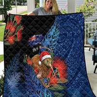 New Zealand Christmas Quilt Santa Kiwi Bird With Pohutukawa Flowers DT05 Navy - Polynesian Pride