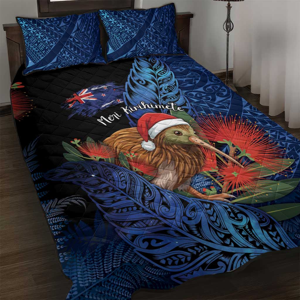 New Zealand Christmas Quilt Bed Set Santa Kiwi Bird With Pohutukawa Flowers DT05 Navy - Polynesian Pride