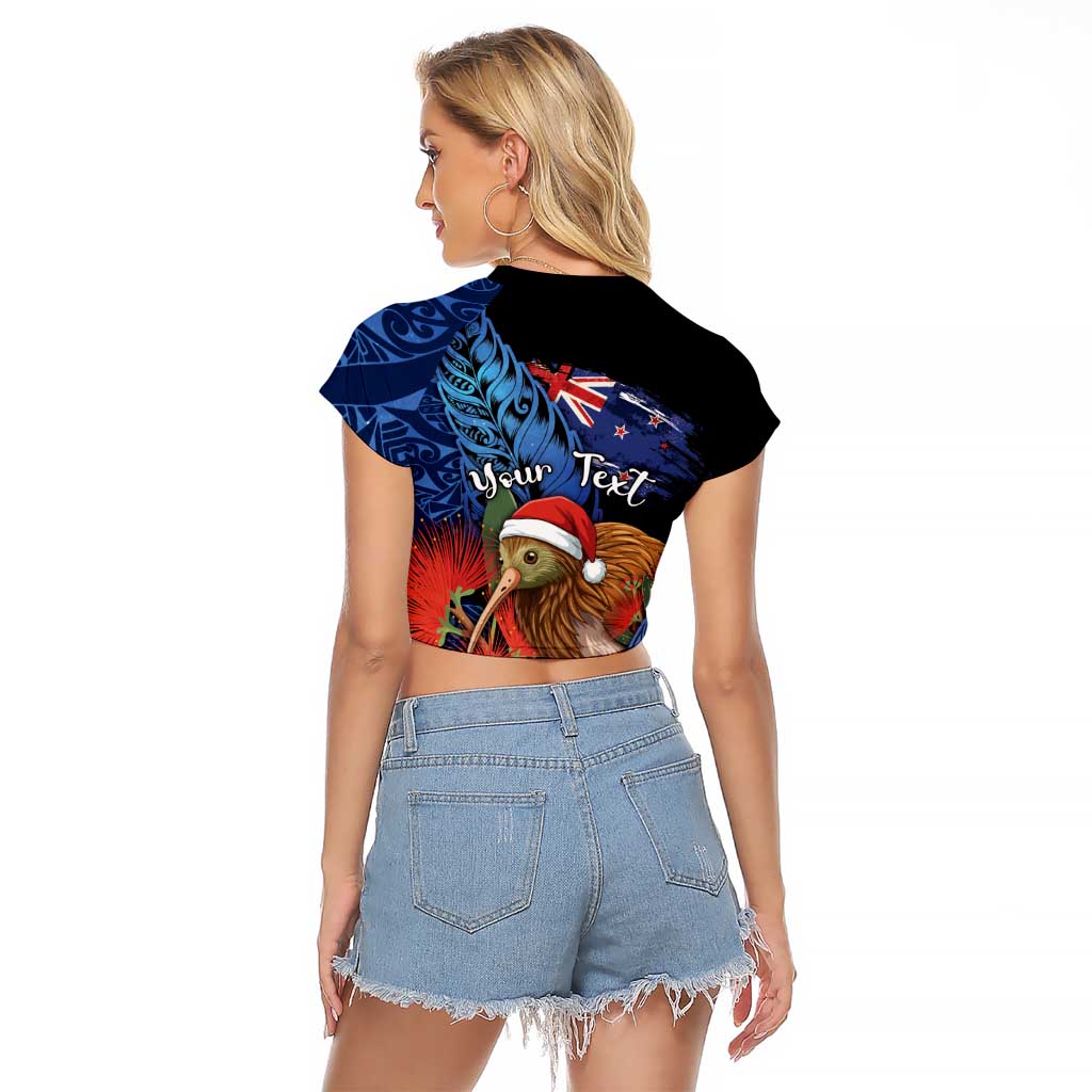 Personalised New Zealand Christmas Raglan Cropped T Shirt Santa Kiwi Bird With Pohutukawa Flowers DT05 - Polynesian Pride