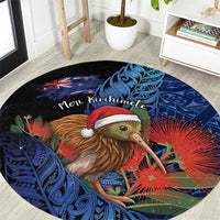 New Zealand Christmas Round Carpet Santa Kiwi Bird With Pohutukawa Flowers DT05 Navy - Polynesian Pride
