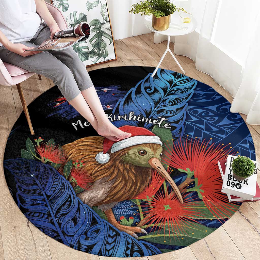 New Zealand Christmas Round Carpet Santa Kiwi Bird With Pohutukawa Flowers DT05 - Polynesian Pride
