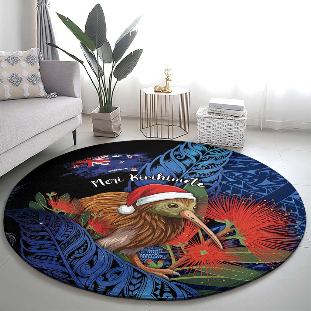 New Zealand Christmas Round Carpet Santa Kiwi Bird With Pohutukawa Flowers DT05 - Polynesian Pride