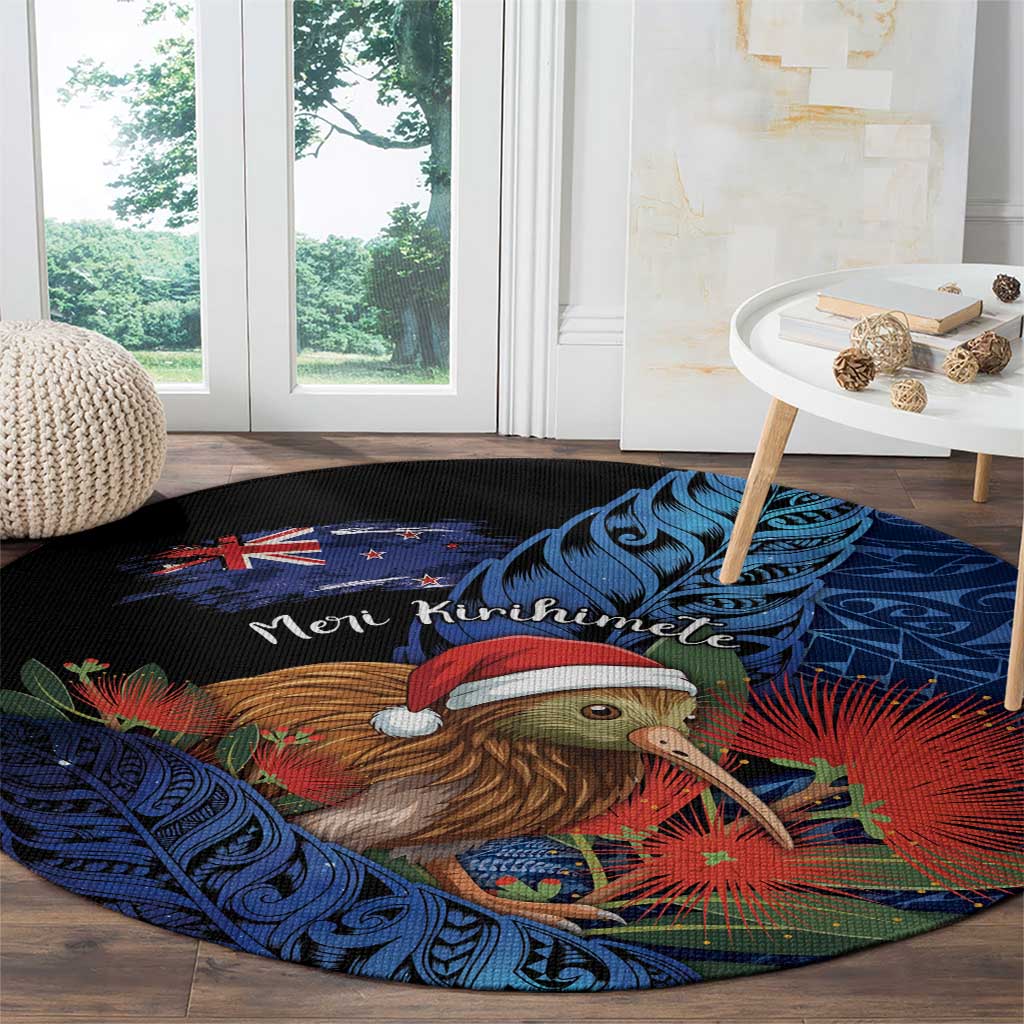 New Zealand Christmas Round Carpet Santa Kiwi Bird With Pohutukawa Flowers DT05 - Polynesian Pride