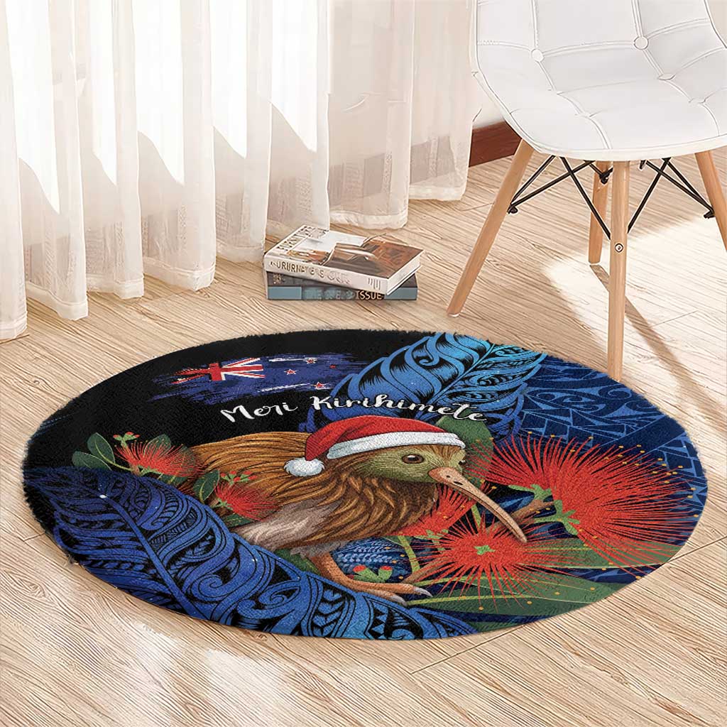 New Zealand Christmas Round Carpet Santa Kiwi Bird With Pohutukawa Flowers DT05 - Polynesian Pride