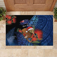 New Zealand Christmas Rubber Doormat Santa Kiwi Bird With Pohutukawa Flowers DT05 Navy - Polynesian Pride