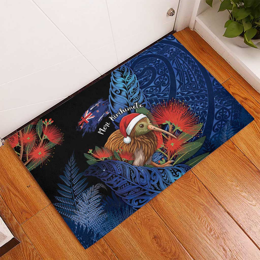 New Zealand Christmas Rubber Doormat Santa Kiwi Bird With Pohutukawa Flowers DT05 - Polynesian Pride