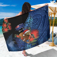 New Zealand Christmas Sarong Santa Kiwi Bird With Pohutukawa Flowers DT05 One Size 44 x 66 inches Navy - Polynesian Pride