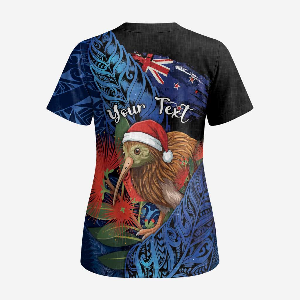 Personalised New Zealand Christmas Scrub Top Santa Kiwi Bird With Pohutukawa Flowers DT05 - Polynesian Pride