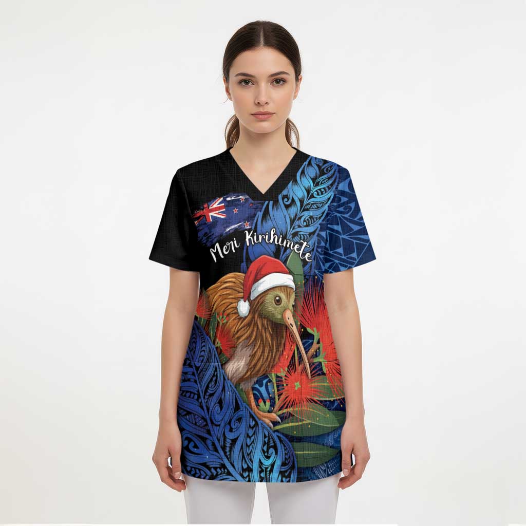 Personalised New Zealand Christmas Scrub Top Santa Kiwi Bird With Pohutukawa Flowers DT05 - Polynesian Pride