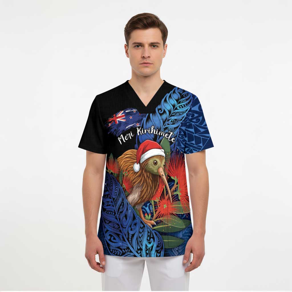 Personalised New Zealand Christmas Scrub Top Santa Kiwi Bird With Pohutukawa Flowers DT05 - Polynesian Pride