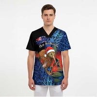 Personalised New Zealand Christmas Scrub Top Santa Kiwi Bird With Pohutukawa Flowers DT05 - Polynesian Pride