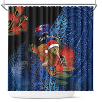 New Zealand Christmas Shower Curtain Santa Kiwi Bird With Pohutukawa Flowers DT05 Navy - Polynesian Pride