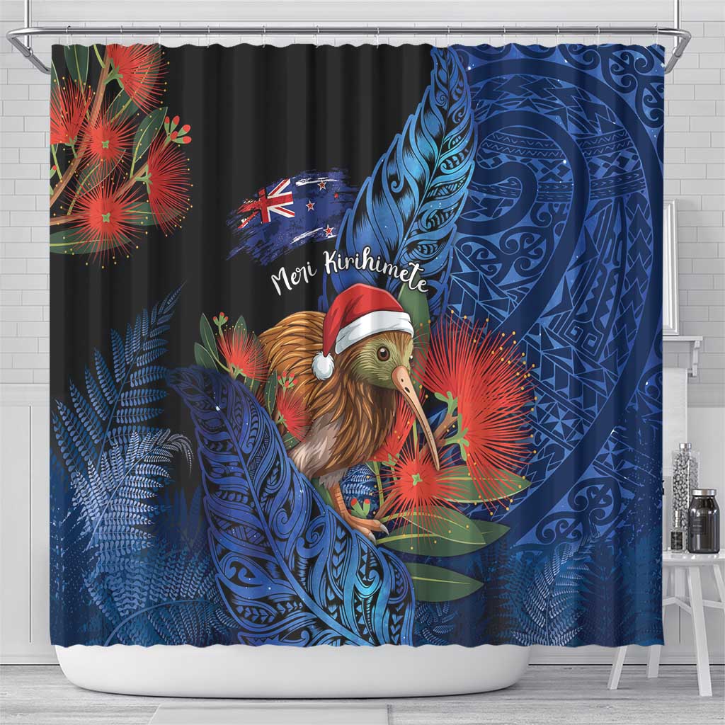 New Zealand Christmas Shower Curtain Santa Kiwi Bird With Pohutukawa Flowers DT05 - Polynesian Pride