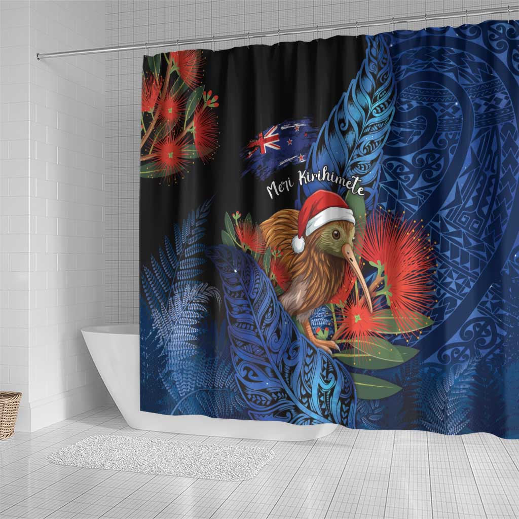 New Zealand Christmas Shower Curtain Santa Kiwi Bird With Pohutukawa Flowers DT05 - Polynesian Pride