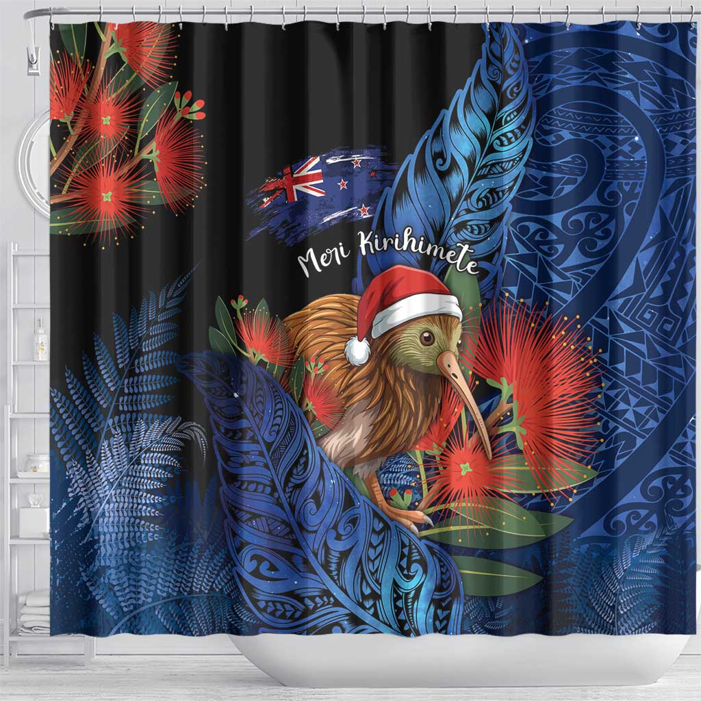 New Zealand Christmas Shower Curtain Santa Kiwi Bird With Pohutukawa Flowers DT05 - Polynesian Pride