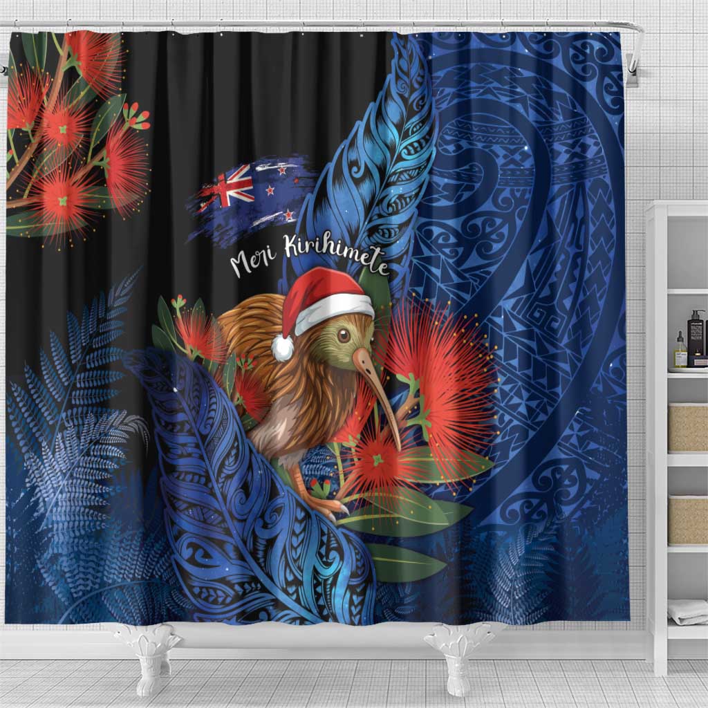 New Zealand Christmas Shower Curtain Santa Kiwi Bird With Pohutukawa Flowers DT05 - Polynesian Pride