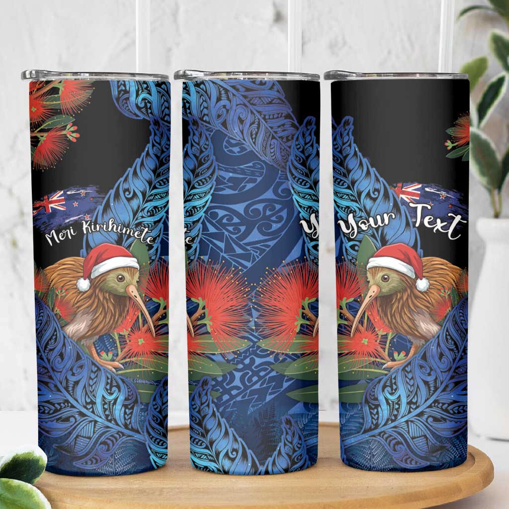 Personalised New Zealand Christmas Skinny Tumbler Santa Kiwi Bird With Pohutukawa Flowers DT05 - Polynesian Pride