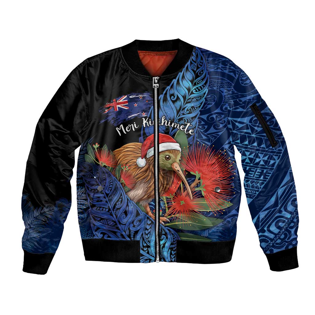 Personalised New Zealand Christmas Sleeve Zip Bomber Jacket Santa Kiwi Bird With Pohutukawa Flowers DT05 Unisex Navy - Polynesian Pride