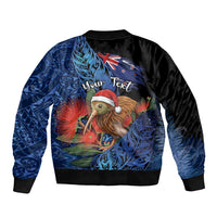 Personalised New Zealand Christmas Sleeve Zip Bomber Jacket Santa Kiwi Bird With Pohutukawa Flowers DT05 - Polynesian Pride