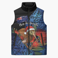 Personalised New Zealand Christmas Sleeveless Puffer Jacket Santa Kiwi Bird With Pohutukawa Flowers DT05 Unisex Navy - Polynesian Pride