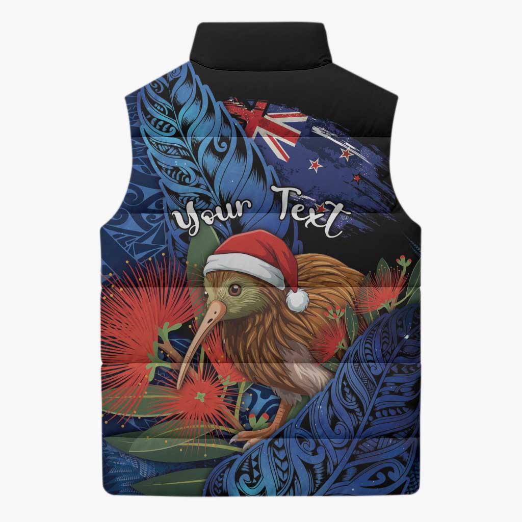 Personalised New Zealand Christmas Sleeveless Puffer Jacket Santa Kiwi Bird With Pohutukawa Flowers DT05 - Polynesian Pride