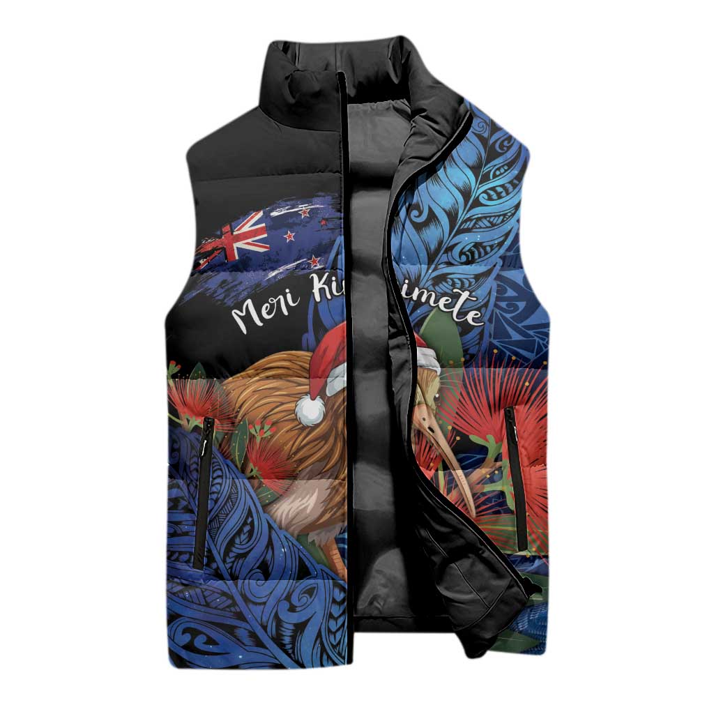 Personalised New Zealand Christmas Sleeveless Puffer Jacket Santa Kiwi Bird With Pohutukawa Flowers DT05 - Polynesian Pride
