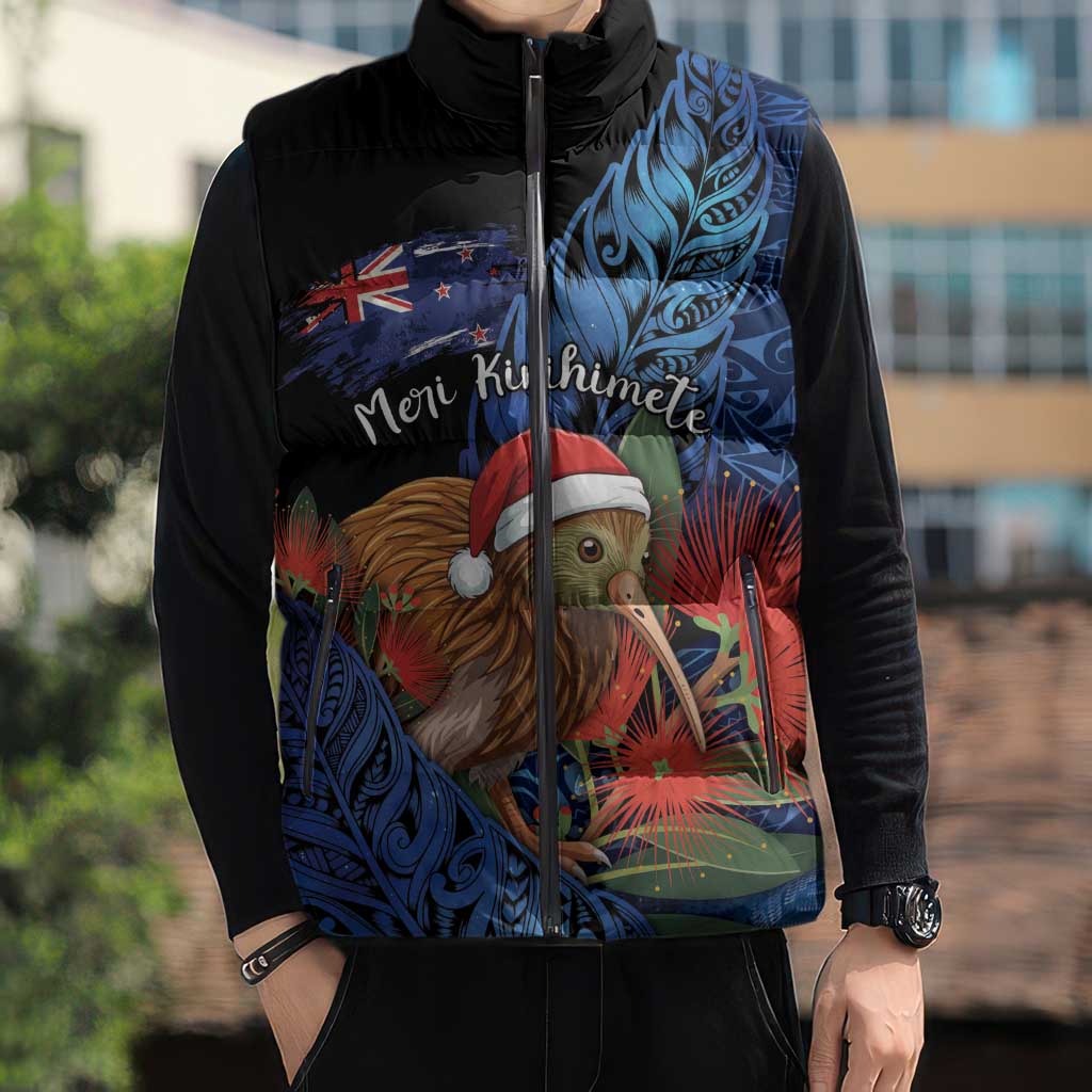 Personalised New Zealand Christmas Sleeveless Puffer Jacket Santa Kiwi Bird With Pohutukawa Flowers DT05 - Polynesian Pride