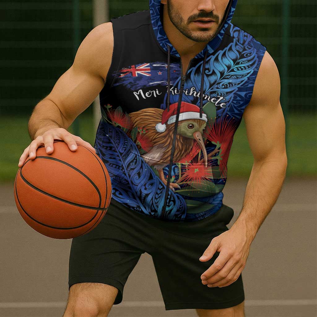 Personalised New Zealand Christmas Sleeveless Zip Hoodie Santa Kiwi Bird With Pohutukawa Flowers DT05 - Polynesian Pride