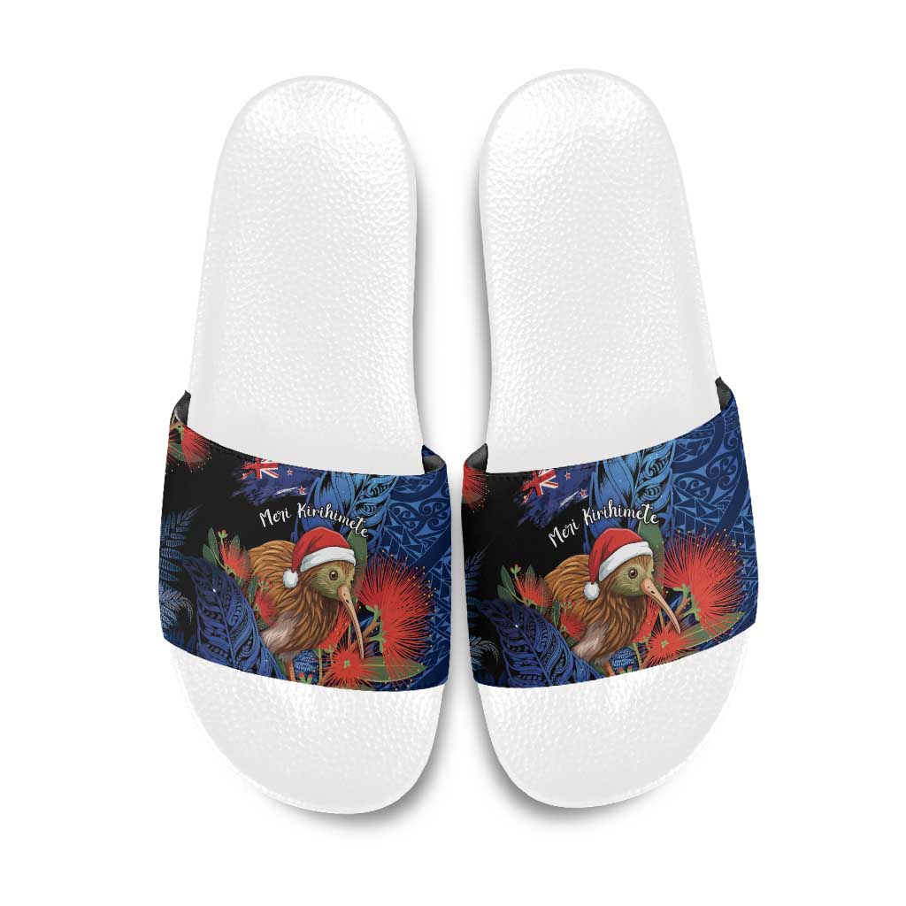 New Zealand Christmas Slide Sandals Santa Kiwi Bird With Pohutukawa Flowers DT05 Navy - Polynesian Pride