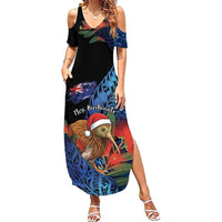 Personalised New Zealand Christmas Summer Maxi Dress Santa Kiwi Bird With Pohutukawa Flowers DT05 Women Navy - Polynesian Pride