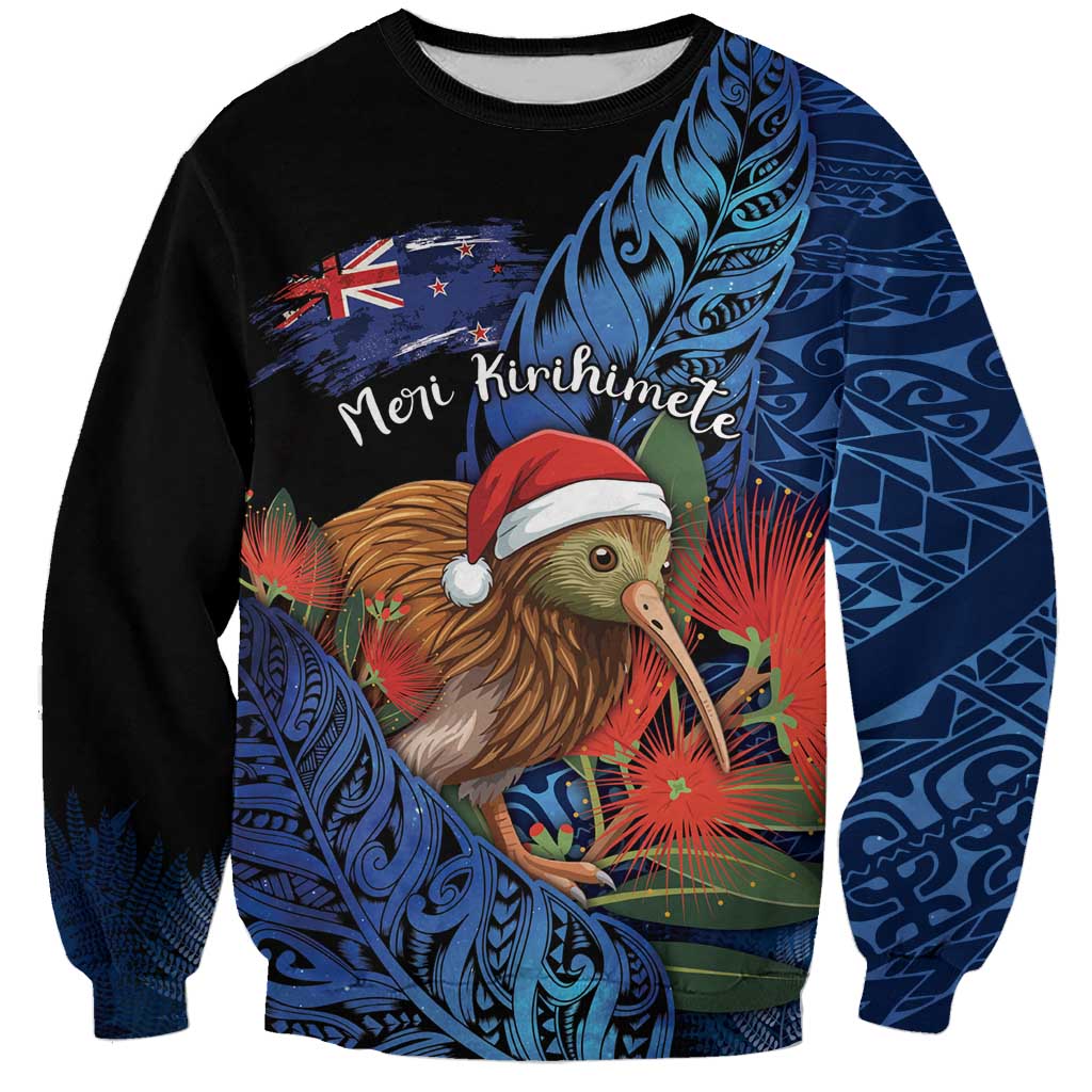 Personalised New Zealand Christmas Sweatshirt Santa Kiwi Bird With Pohutukawa Flowers DT05 Unisex Navy - Polynesian Pride