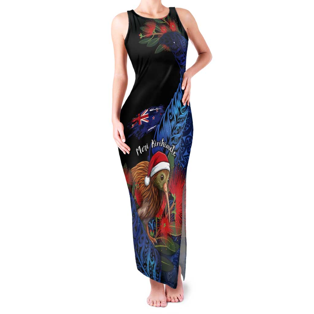 Personalised New Zealand Christmas Tank Maxi Dress Santa Kiwi Bird With Pohutukawa Flowers DT05 Women Navy - Polynesian Pride