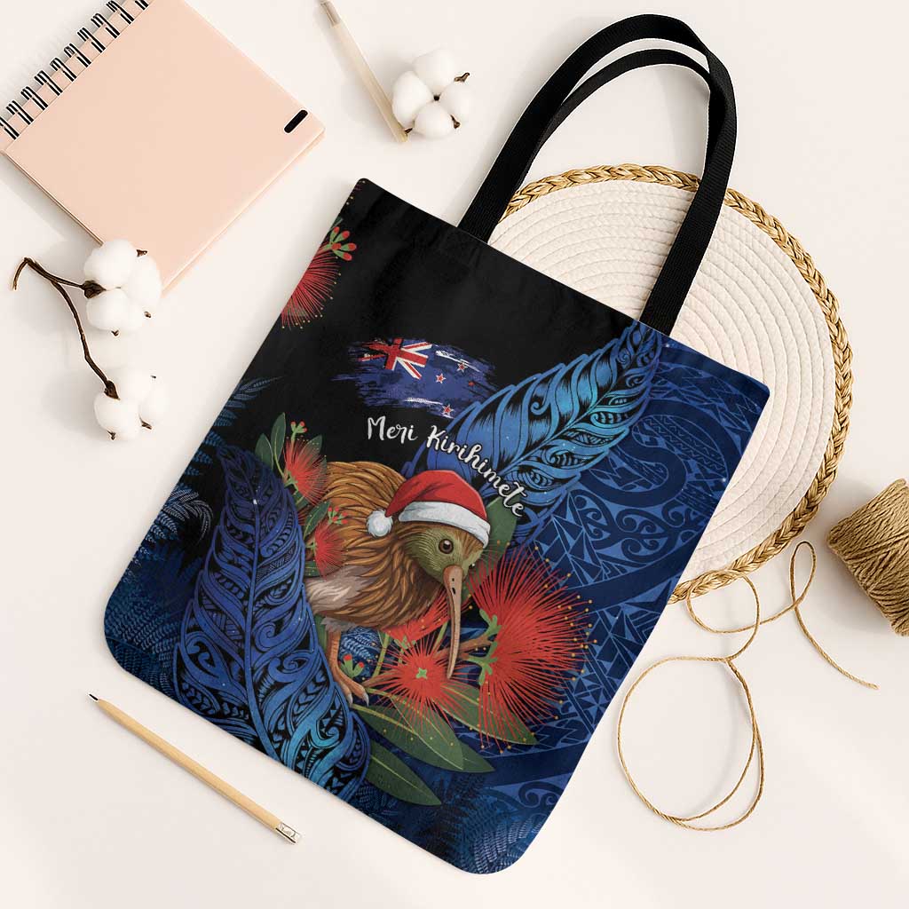 New Zealand Christmas Tote Bag Santa Kiwi Bird With Pohutukawa Flowers DT05 Black Strap One Size Navy - Polynesian Pride
