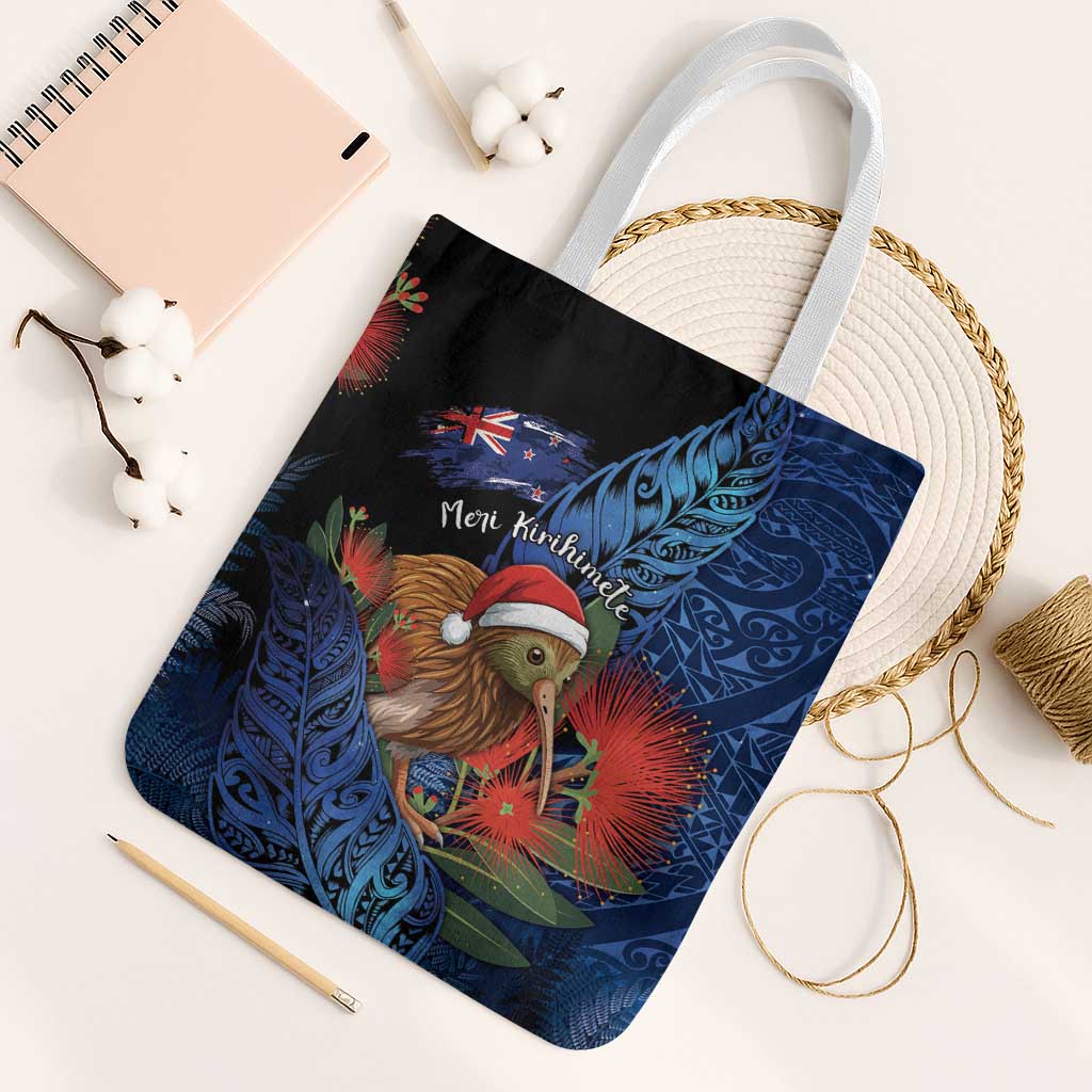 New Zealand Christmas Tote Bag Santa Kiwi Bird With Pohutukawa Flowers DT05 White Strap One Size Navy - Polynesian Pride