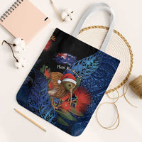 New Zealand Christmas Tote Bag Santa Kiwi Bird With Pohutukawa Flowers DT05 White Strap One Size Navy - Polynesian Pride