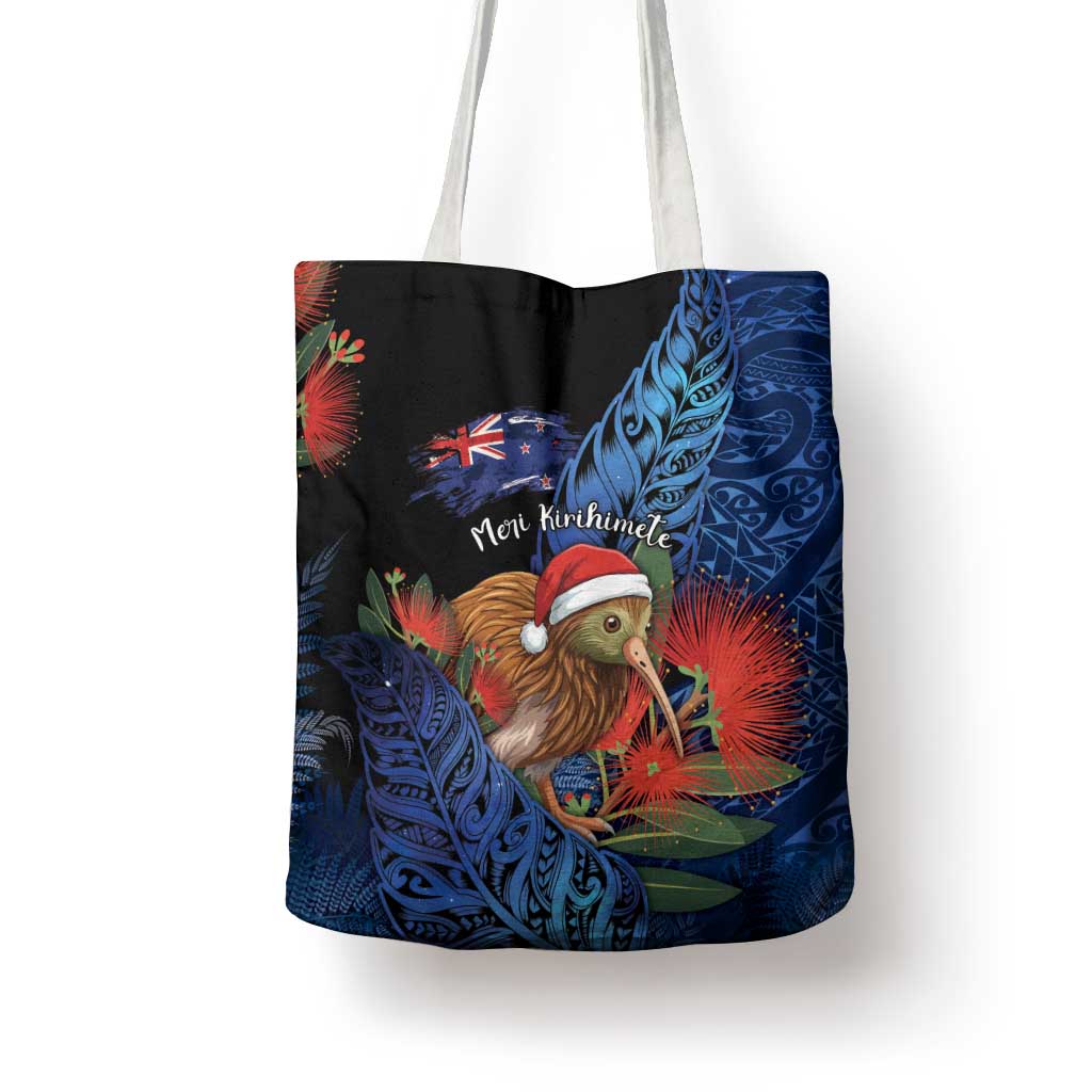 New Zealand Christmas Tote Bag Santa Kiwi Bird With Pohutukawa Flowers DT05 - Polynesian Pride
