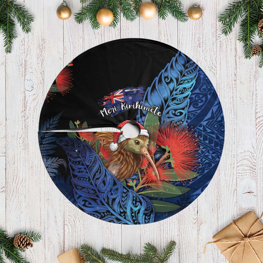 New Zealand Christmas Tree Skirt Santa Kiwi Bird With Pohutukawa Flowers DT05 Casual Navy - Polynesian Pride